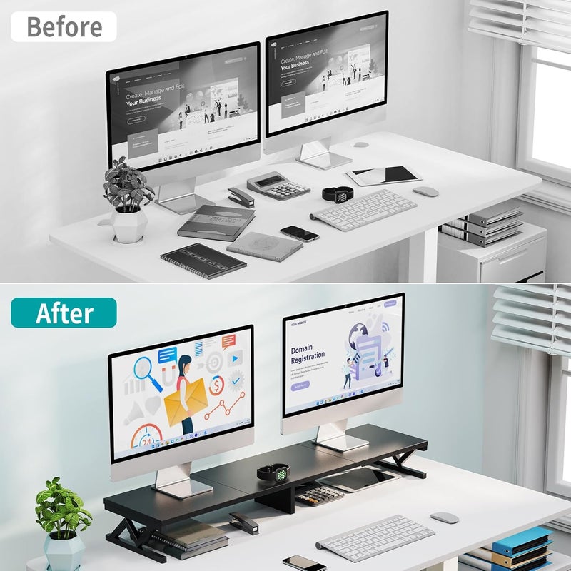 ErgoFocus Dual Monitor Stand Riser, Large Wood Monitor Lift with Storage, Sturdy Wood&Steel Multi Screen Stand, Desktop Organizer - Image 3